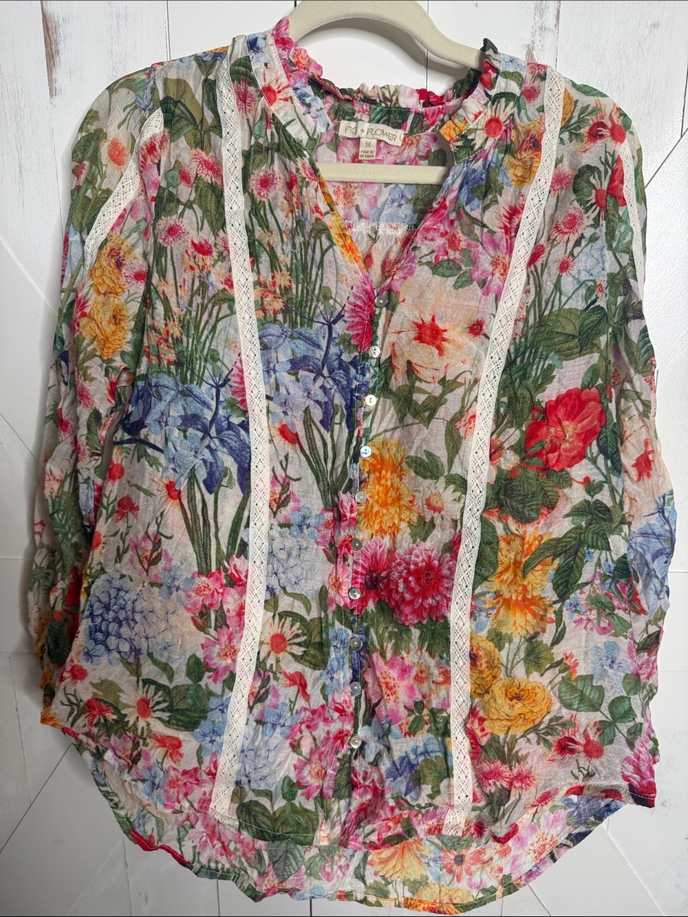 Anthropologie Fig + Flower Floral Lace-Trim Button Front Peasant Blouse